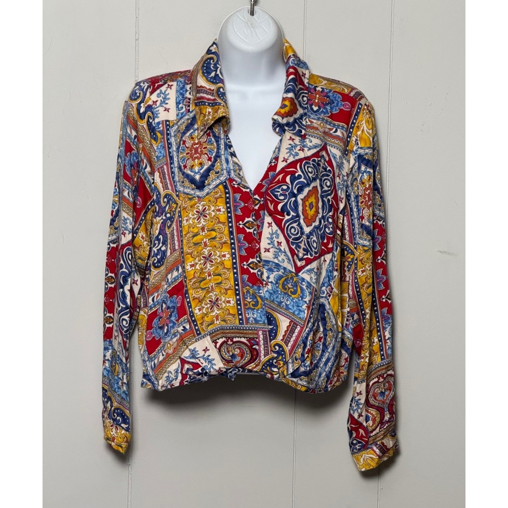 Haute Hippie Style Boho Multicolor Patchwork Print Rayon Cropped Blouse Sz Large
